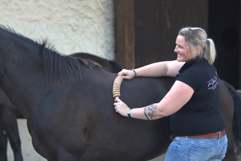 Tamara Rusitzka massiert und behandelt fachkundig ein Pferd.